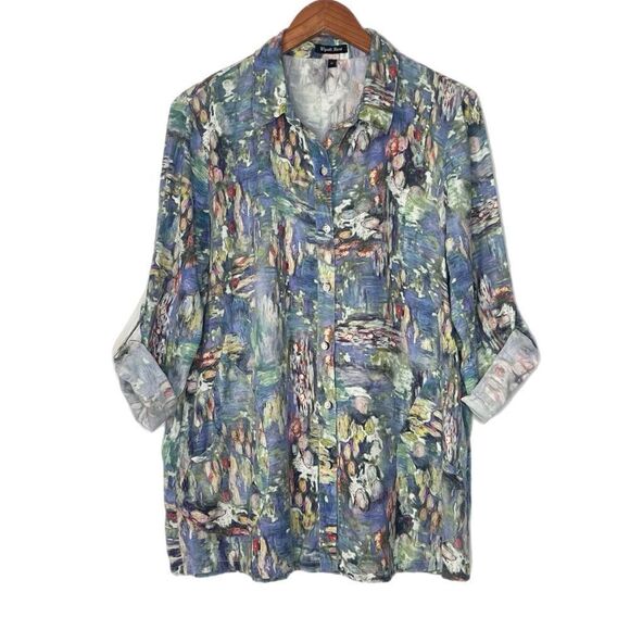 Wyatt Rose Blue Watercolor Print Button Up Collared Tunic Top - Picture 1 of 5